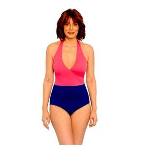 Women’s One Piece Swimsuit Halter Top Tummy Control Size 12 Blue Pink NWT